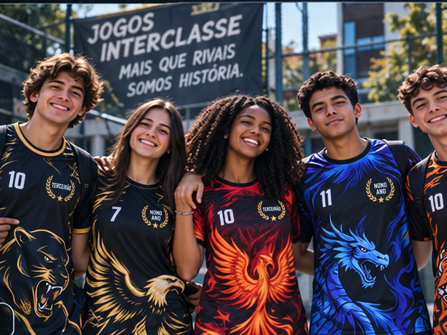 Grupo de adolescentes usando camisetas personalizadas de interclasse