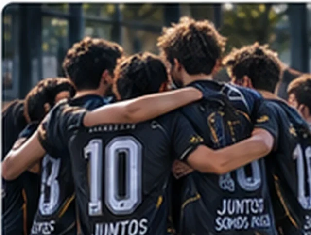 Turma de estudantes reunida usando camisetas de interclasse